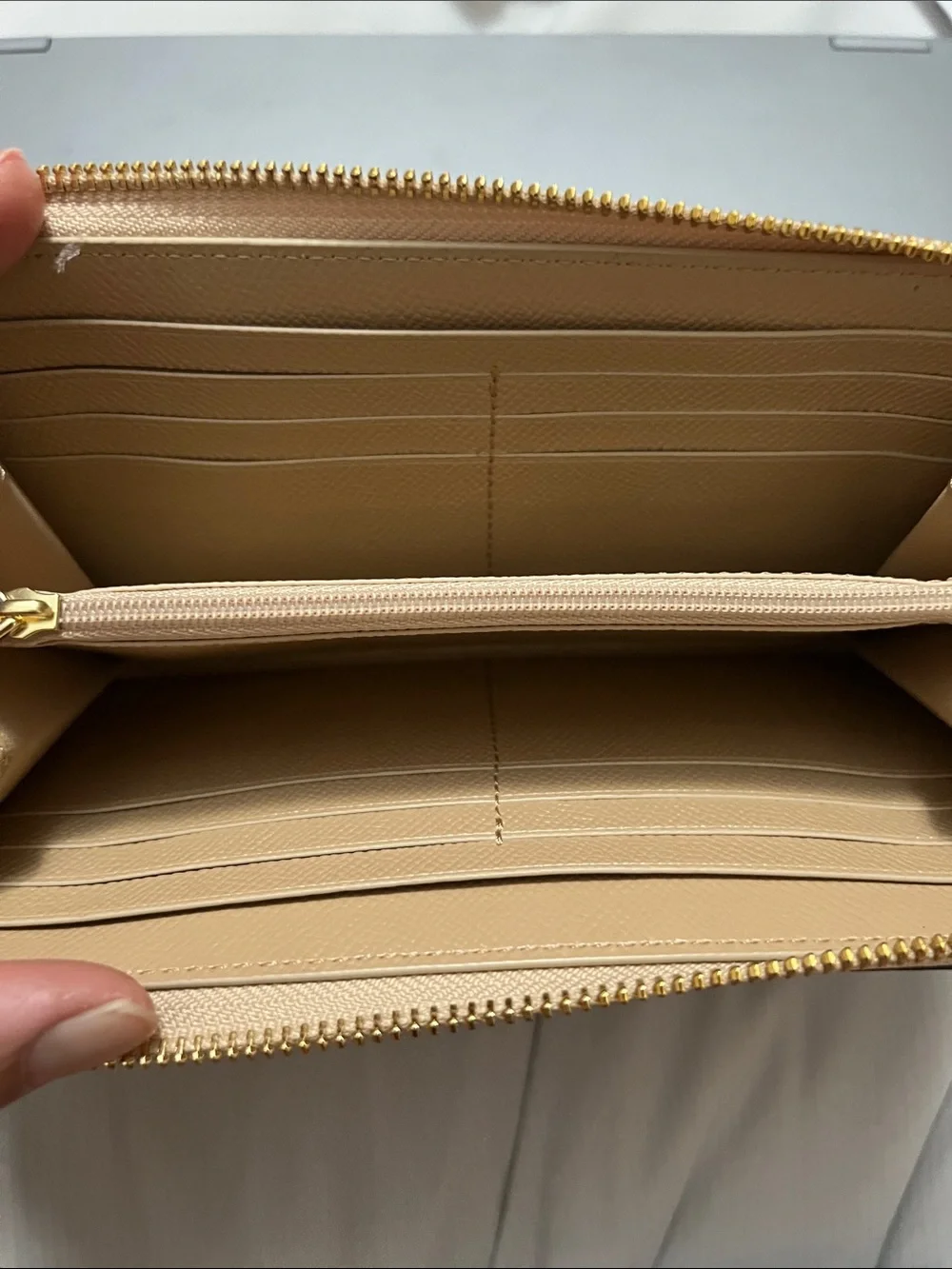 Coach Beige Leather Zip Wallet with Gold Hardware